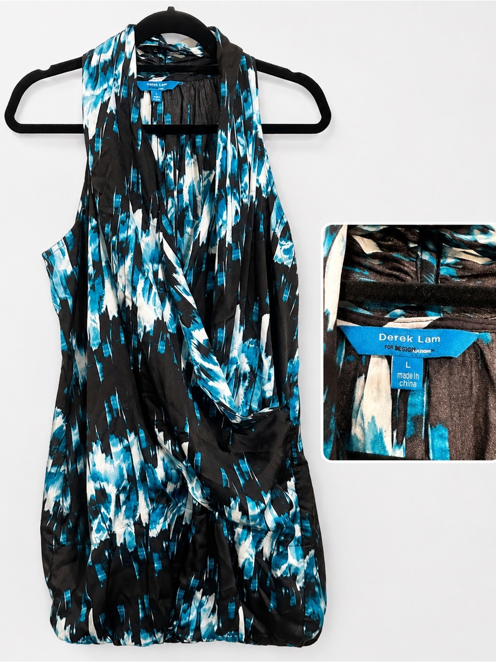 Derek Lam Teal Black White Draped Sleeveless Top